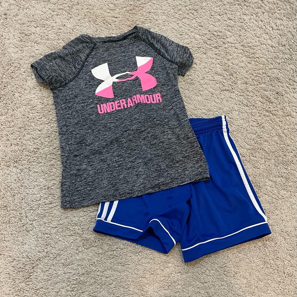 Under Armour Black and Gray Athletic Top with blue adidas shorts